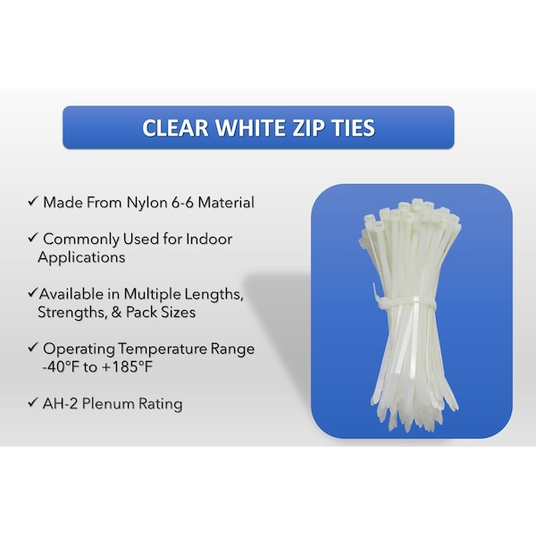 Kable Kontrol® Clear Zip Ties - 5.5 Inch Long - Natural Nylon - 40 Lbs Tensile Strength - 1000 Pc Pack